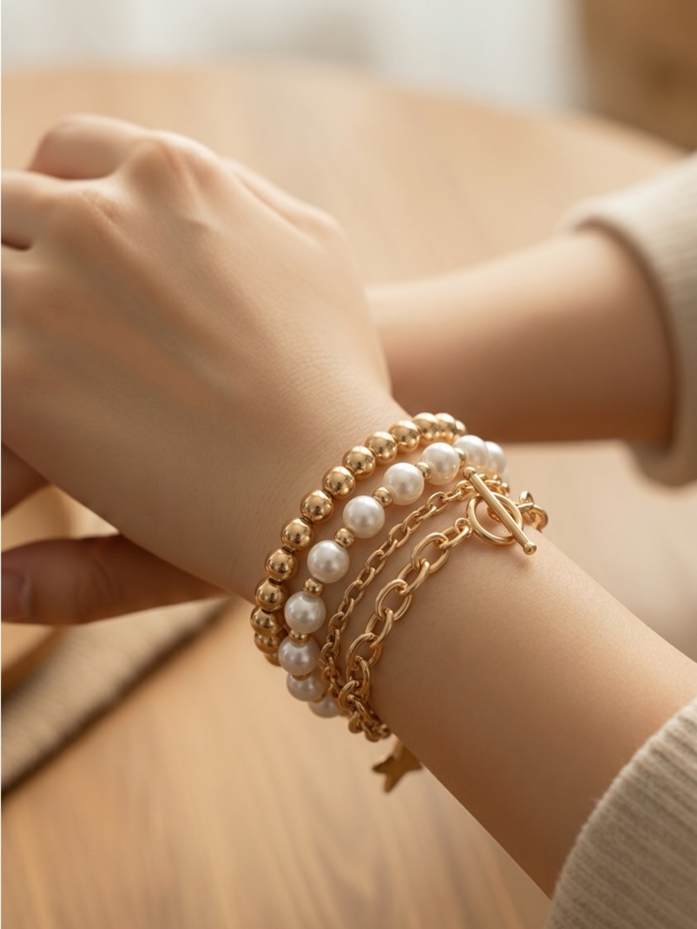 Park Lane Womens Stacked Hadley Bracelet Gold Pearl Layered Star Charm NWT - Picture 2 of 3